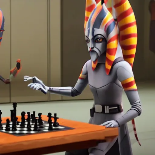 Prompt: Ahsoka Tano playing chess with Darth Vader in The Clone Wars season 7, dslr, wide angle