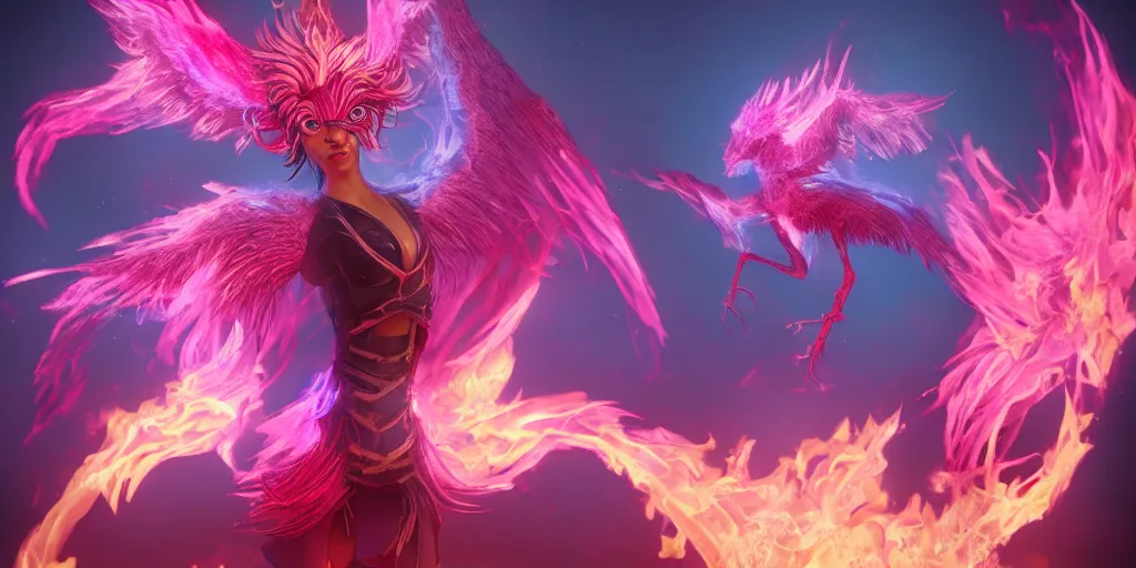 Image similar to pink and blue anthro flaming phoenix, character portrait, unreal engine 5, intricate, detailed, realistic, masterpiece