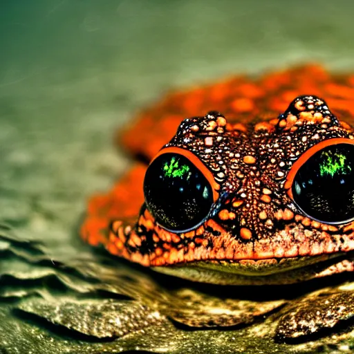 Image similar to deep camouflage angry toad evil eyes poking out eyes from under the water ultra sharp blur background simple background deep brown orange evil eyes