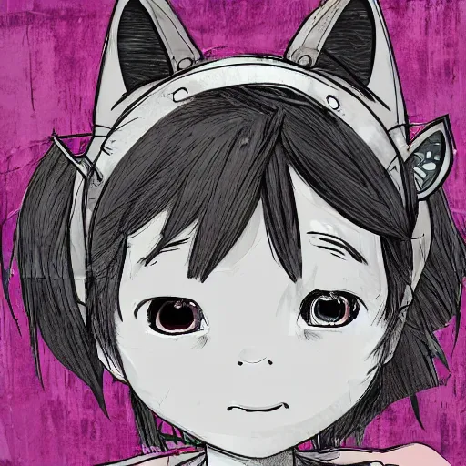 Prompt: lost footage of a cel shaded head and shoulders portrait of an adorable Ellie (The Last of Us) with cat ears posing for the camera, in a blend of manga-style art, augmented with vibrant composition and color, all filtered through a cybernetic lens. Digitally corrupted background with black stripes, lowbrow painting by Mark Ryden. Graflex photograph