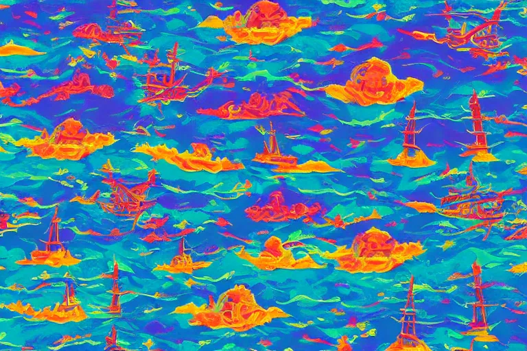 Prompt: psychedelic war battle ships on ocean fire in sky