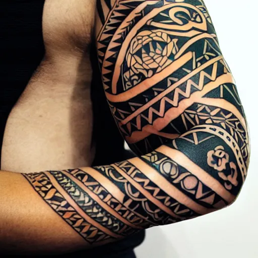 Prompt: A Maori tattoo depicting a shark, a guitar, some roses and gold coins