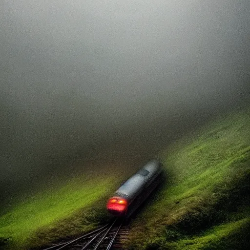 Prompt: dramatic train on hill riding through rain in fog, dramatic light 8 k