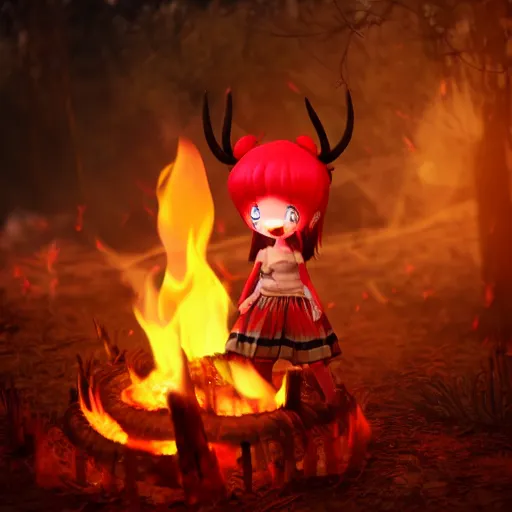 Prompt: cute fumo plush manic happy pyromaniac girl giddily starting a huge bonfire in the forest, horned demon imp girl, stylized pbr anime shader, burning flames, warm glow and volumetric smoke vortices, filmic, rule of thirds composition, vignette, vray