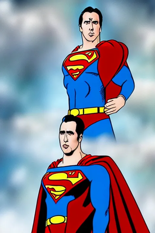 Prompt: nicholas cage as superman, live action, superhero movie, dramatic