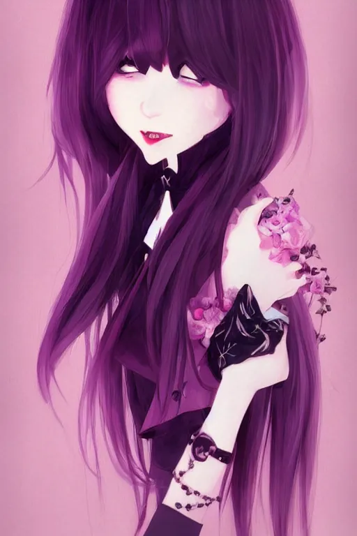 Image similar to urban school vampire girl in fancy clothes fanart, dark purple long hair, muted colors, matte print, pastel colors, ornate, digital art, cute smile, digital painting, fan art, elegant, pixiv, by Ilya Kuvshinov, by Studio Ghibli