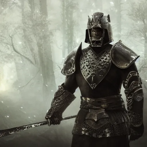 Image similar to full-body-portrait photo brutal nordic Warrior, wearing intricate steel armor, holding magical fiery battle-axe, sharp focus, highland landscape with few trees background, magical aura, heroic pose, fantasy style, octane render, volumetric lighting, 8k high definition, highly detailed, trending on ArtStation, centered
