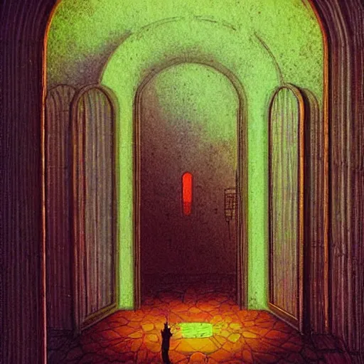 Prompt: art decor interior with arched windows, neon lighting, cyberpunk, high contrast, bright colors, dramatic, fantasy, by Moebius, by zdzisław beksiński, Fantasy LUT, epic composition,