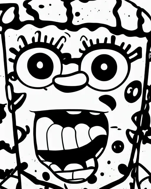 Image similar to dramatic line - art portrait of spongebob, color glow, intense shading