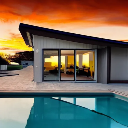 Prompt: a mid-century Eichler Home on the beach at sunset in the style of sunset magazine and dwell magazine. Highly detailed, photorealistic, 8k 35mm, award winning architecture photography