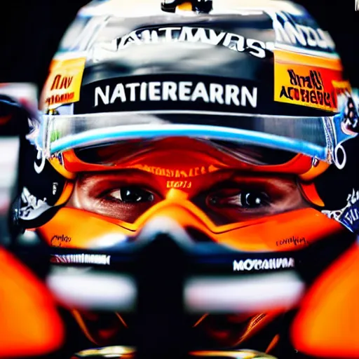 Prompt: close up of max verstappen in the mercedes f 1 factory, dramatic shot, great photography, ambient light, l