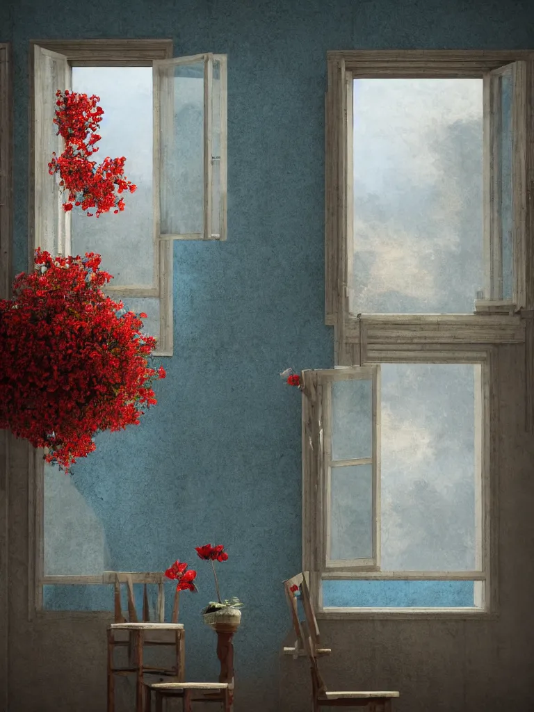 Image similar to a single old house window with a vase of red flowers with view to a sunrise, blue wall, a wooden chair near the window, concept art, octane render, unreal engine 5, trending on deviantart, highly detailed, high quality, hd, digital painting, masterpiece, geometric, symmetrical, low contrast, beautiful, high coherence, natural lighting, intense lighting