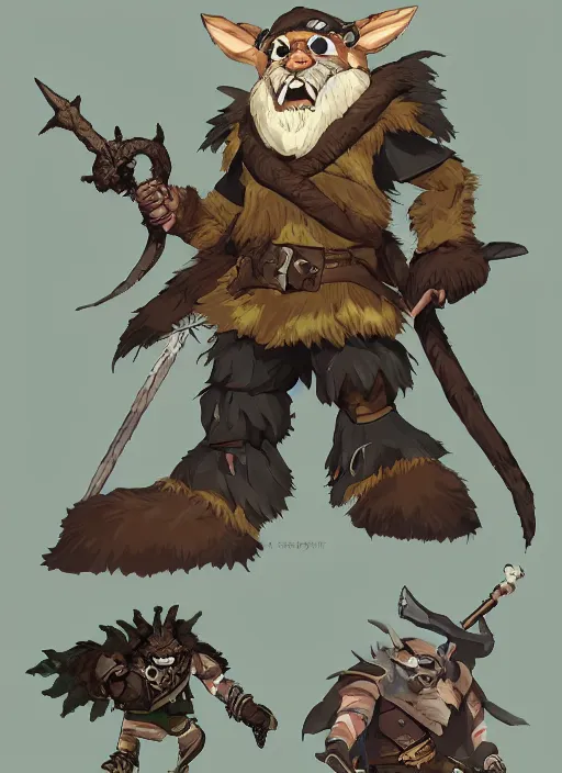 Prompt: bugbear ranger, black beard, dungeons and dragons, hunters gear, flamesing jeweled armour, concept art, character design on white background, by studio ghibli, makoto shinkai, poster art, game art