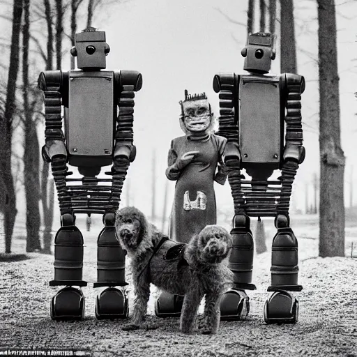 Prompt: the most creepy family photo of robots, with a robot dog, 200mm lens, post apocalyptic, sadness, depression, screaming, crying, auschwitz camp