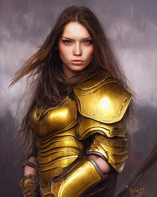 Image similar to beautiful female warrior, half body portrait, long flowing hair, heavy gold armour, realistic oil painting by boris valejo