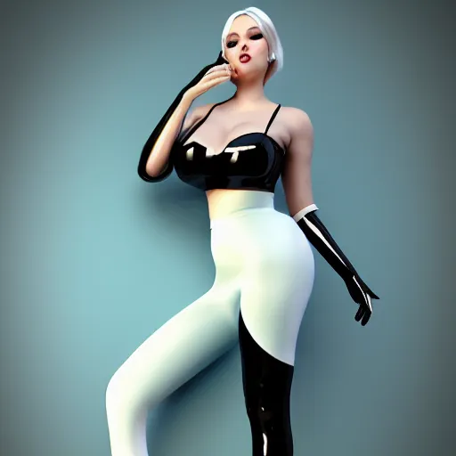 Image similar to curvy feminine hot goth cutie in a sublime elegant polished white latex neck-high gown with cyan trim and latex leggings, thin waist, cgsociety, photorealistic, comfy ambience, idealistic, 16k, smooth, sharp focus, trending on ArtStation, volumetric lighting, fully clothed, worksafe