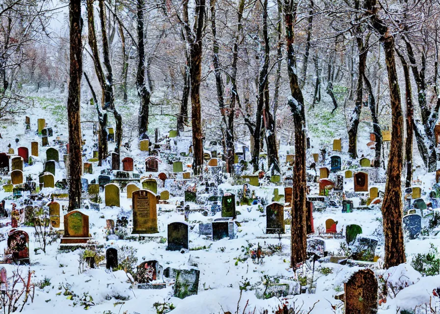 Prompt: forest with a graveyard covered in snow, colored papre collage