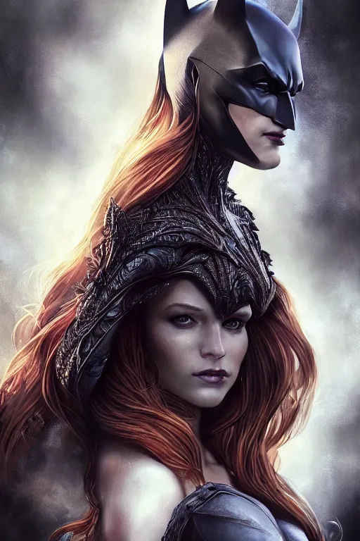 Image similar to Majestic and regal portrait of a female The Batman, DC universe, Perfect face, beautiful, intricate, epic, elegant, menacing, fantasy, highly detailed, digital painting, hard focus, beautiful volumetric lighting, epic light, ultra detailed, by Leesha Hannigan, Ross Tran, Thierry Doizon, Kai Carpenter, Ignacio Fernández Ríos