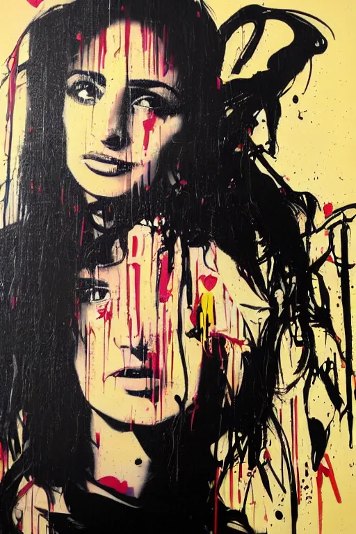 Image similar to graffiti, splash painting, portrait of penelope cruz, artwork by bansky