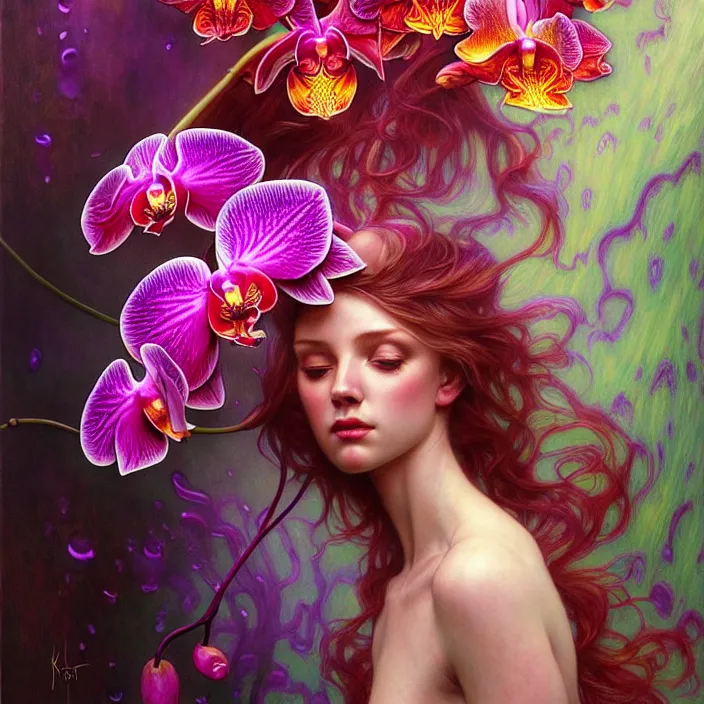 Prompt: psychedelic orchid rain, diffuse lighting, fantasy, intricate, elegant, highly detailed, lifelike, photorealistic, digital painting, artstation, illustration, concept art, smooth, sharp focus, art by John Collier and Albert Aublet and Krenz Cushart and Artem Demura and Alphonse Mucha