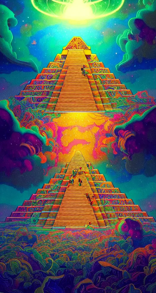 Image similar to An extremely psychedelic abstract illustration of mayan pyramid beaming celestial light, colorful, surreal, dramatic lighting, magic mushrooms, psilocybin, LSD, detailed, intricate, elegant, highly detailed, digital painting, artstation, concept art, smooth, sharp focus, illustration, art by Krenz Cushart and Artem Demura and alphonse mucha