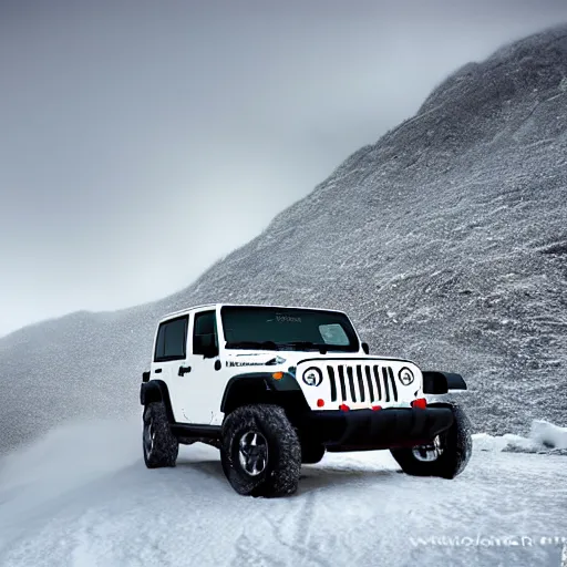 Image similar to white jeep wrangler driving up steep snowy mountain ridge on edge of a cornice, dramatic lighting, cinematic, photo realism