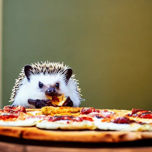 Prompt: still image of an adorable hedgehog sitting at a tiny table eating a tiny pizza, photo