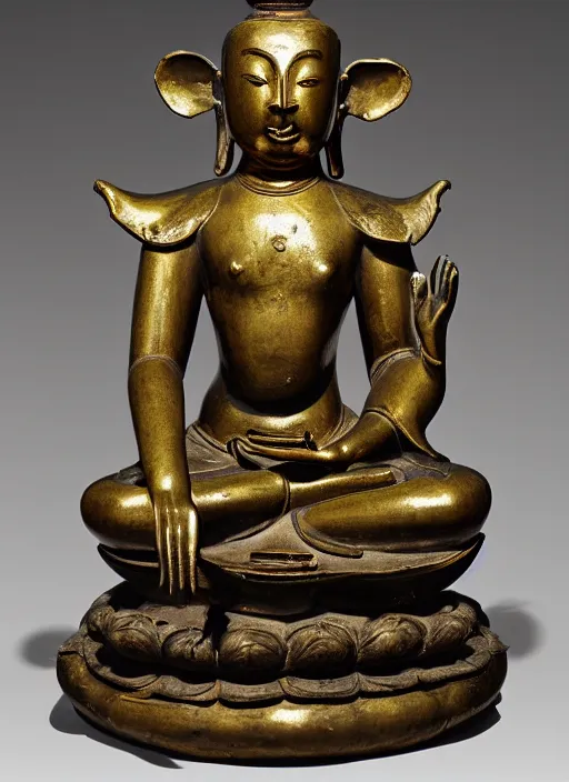 Prompt: photo of a magnificent gilt-bronze seated figure of bodhisattva, anthropomorphized asian black bear, Early Ming dynasty, late 14th-15th century, studio lighting