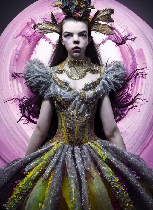 Image similar to expressive full body photo of anya taylor - joy, dress made of sweets and candies, glamour shot, by karol bak, stefan gesell, photorealistic, nikon d 4 x, fashion photography, hyper maximalist, elegant, ornate, luxury, elite, environmental portrait, symmetrical features, octane render, unreal engine, solid dark grey background, dramatic lights