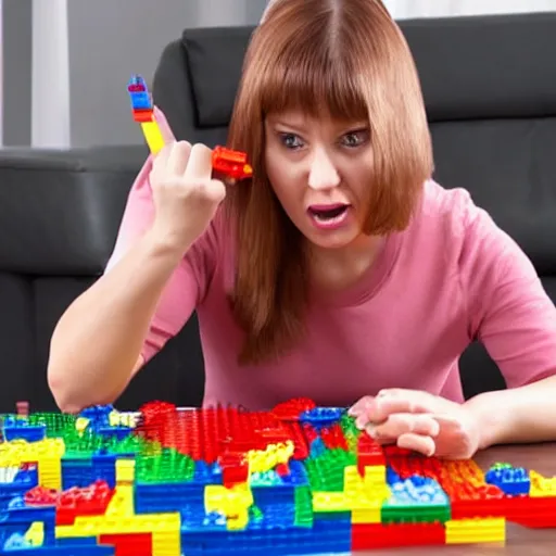 Prompt: Angry woman destroying a lego set