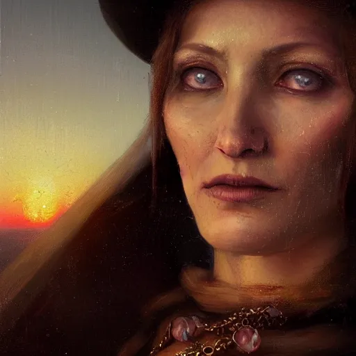 Prompt: renaissance italian fortune teller, armitage, closeup portrait, sunset, gorgeous view, depth, painted by seb mckinnon, high detail, digital art, painted by greg rutkowski, trending on artstation