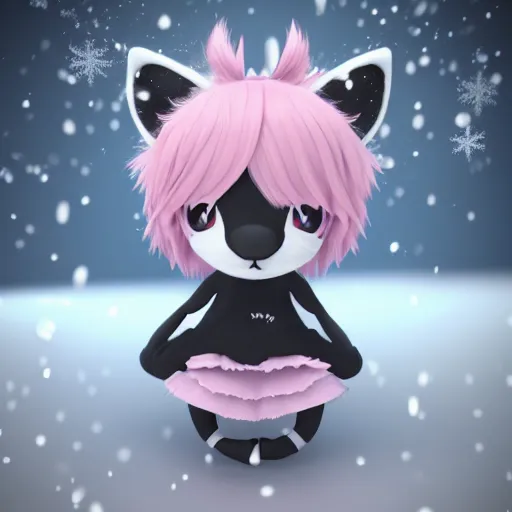 Image similar to cute fumo plush of a popstar wolf girl, anime girl, idol, tomboy, artstation, bubblegum pop, black and white, snowing, canine, vray