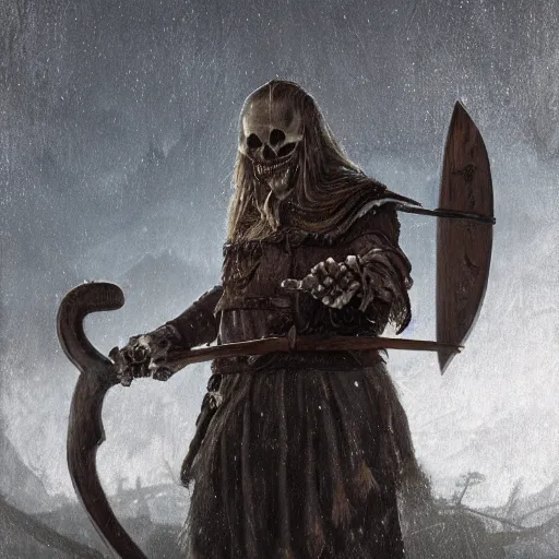 Prompt: an portrait of an skeleton wearing a viking robe and holding an axe, Matte painting , detailed painting, made by Greg Rutkowski, 4k resolution, atmospheric, extremely high detail