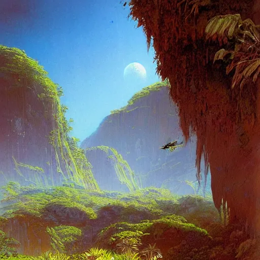 Prompt: painting of a lush natural scene on an alien planet by bruce pennington. beautiful landscape. weird vegetation. cliffs and water.