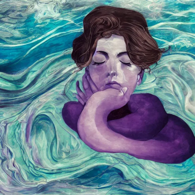 Prompt: a female art student falling asleep, iceberg, dark, sensual, dreamy, waves, swirls, violet drips, fish, blueberries, octopus, neo - impressionist, surrealism