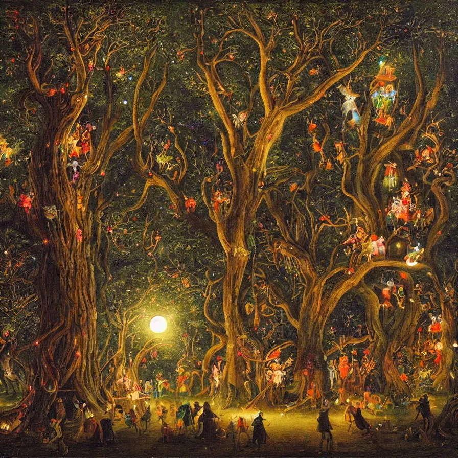 Image similar to a night carnival around a magical tree cavity, with a surreal orange moonlight and fireworks in the background, next to a lake with iridiscent water, christmas lights, folklore animals and people disguised as fantastic creatures in a magical forest by summer night, masterpiece painted by georg friedrich kersting, dark night environment
