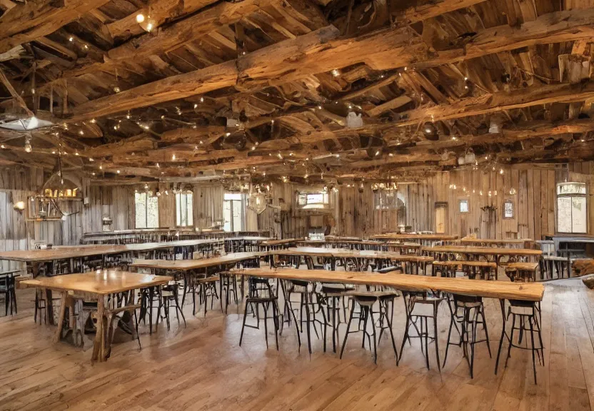 Prompt: interior barn renovation as folk music event space rustic with bar and cafe tables 8k photorealistic