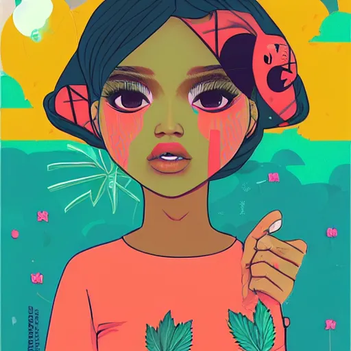 Prompt: dojacat profile picture by sachin teng x hellokitty, vector, ganja, marijuana, organic painting, hard edges, masterpiece, smoke, asymmetrical, matte paint, energetic