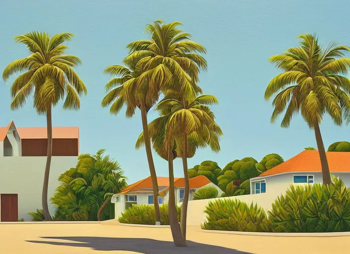 Prompt: houses near the beach, palm trees, kenton nelson,