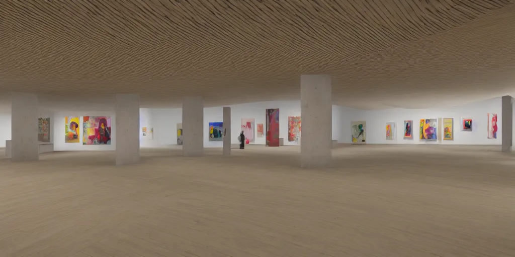 Prompt: a coloured 3 d octane model of a brutalism art gallery with wooden floor, highly detailed