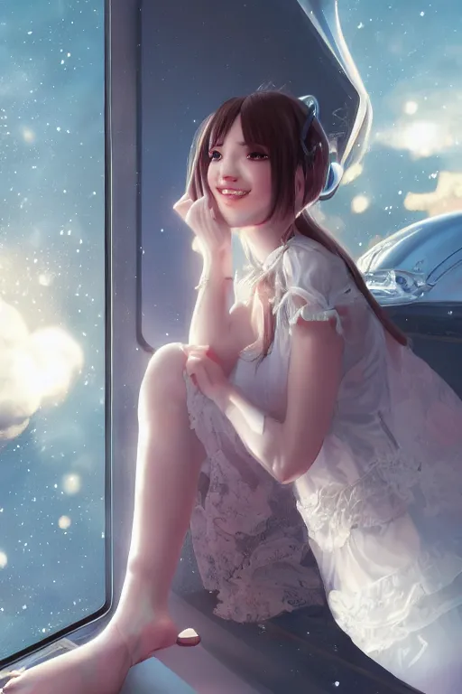 Prompt: girl sitting on a spaceship window, beautiful detailed dress, detailed face, model shoot, smiling, by artgerm, by wlop, anime style, octane render