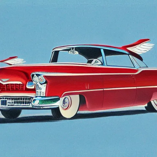 Prompt: a color pencil product design drawing of a 5 0 s flying cadillac car with plane wings