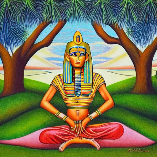 Image similar to painting of a peaceful Egyptian pharaoh relaxing under a tree by alex grey, acrylic art, calm, soothing, cosy, elegant, soft light,