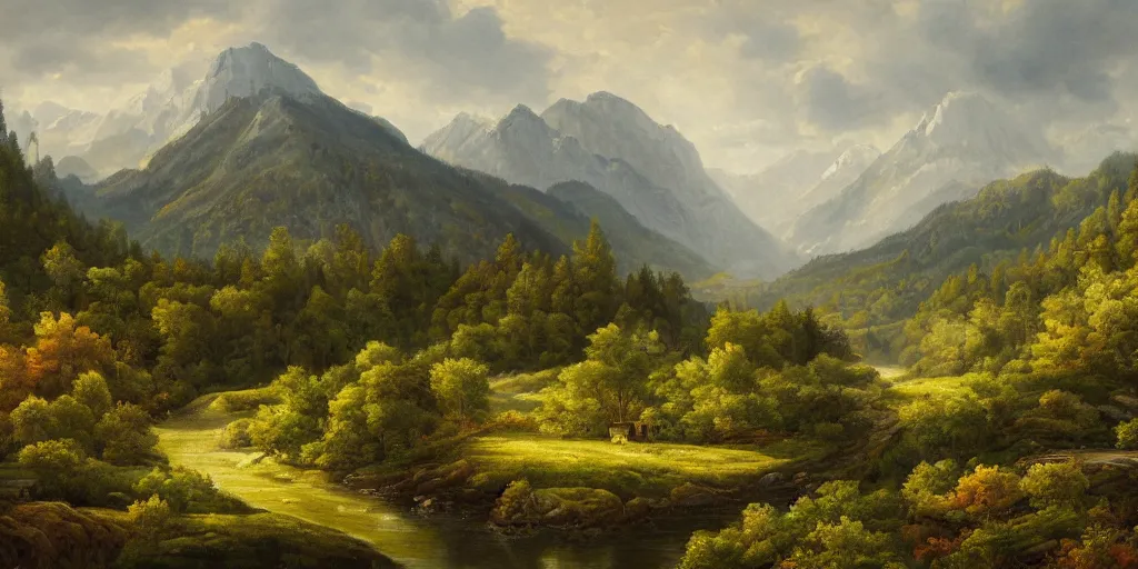 Image similar to a beautiful landscape painting of a mountainous valley with patches of woodland, by antony bridge, oil on canvas, highly detailed, hd, 4 k