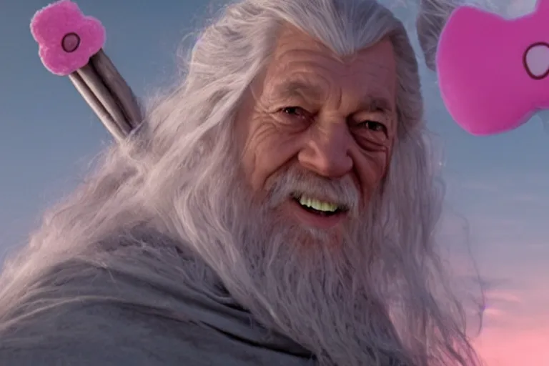 Image similar to portrait of Gandalf wearing pink Hello kitty costume, smiling warmly, sunrise, movie still from Lord of the Rings, cinematic