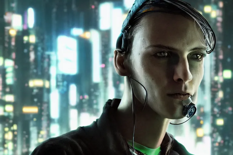 Image similar to cyberpunk hacker closeup portrait in high tech compound by Emmanuel Lubezki