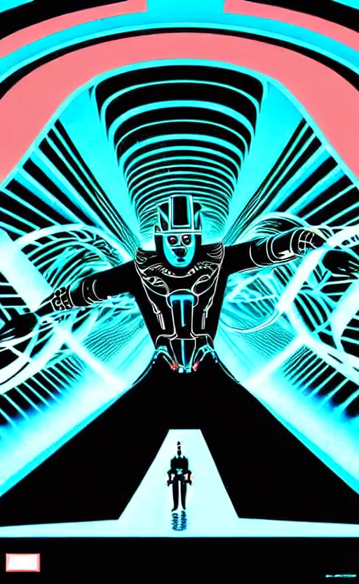 Prompt: psychedelic from the movie tron wide angle shot, white background, vector art, illustration by frank frazetta