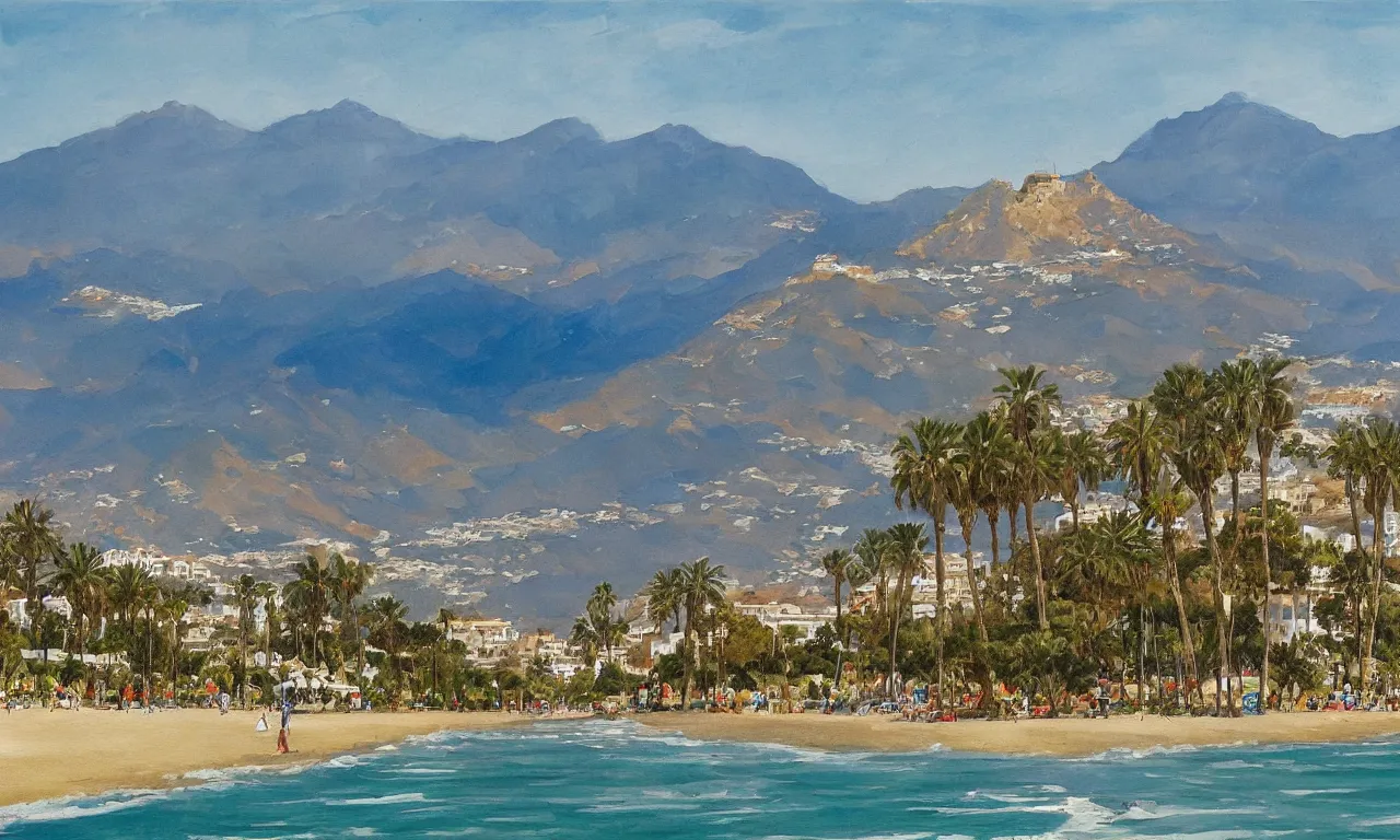 Prompt: detailed painting of marbella landscape, sun coast, small city, beach, mountain in the background, trending on artstation, by ted nasmith