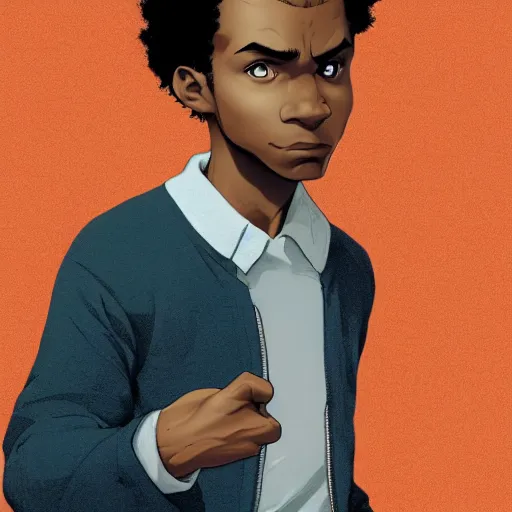 Image similar to Portrait of Huey freeman from the boondocks , Graceful body structure,cute,Symmetrical face,highly detailed,elegant,Marc Simonetti and Caspar David Friedrich, Trending on artstation