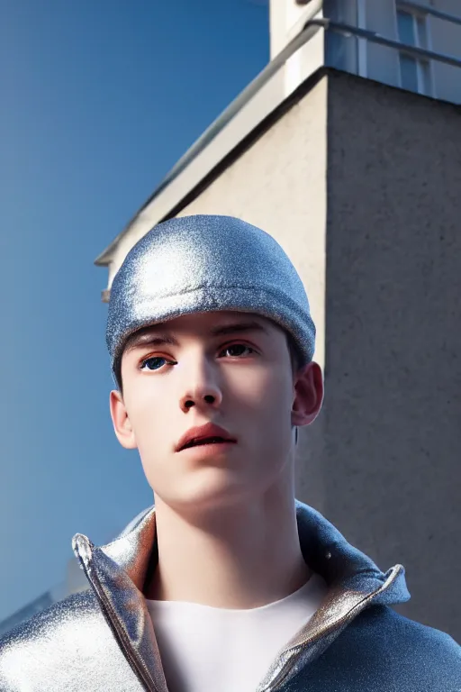 Image similar to un ultra high definition studio quality photographic art portrait of a young man standing on the rooftop of a british apartment building wearing soft padded silver pearlescent clothing. three point light. extremely detailed. golden ratio, ray tracing, volumetric light, shallow depth of field. set dressed.